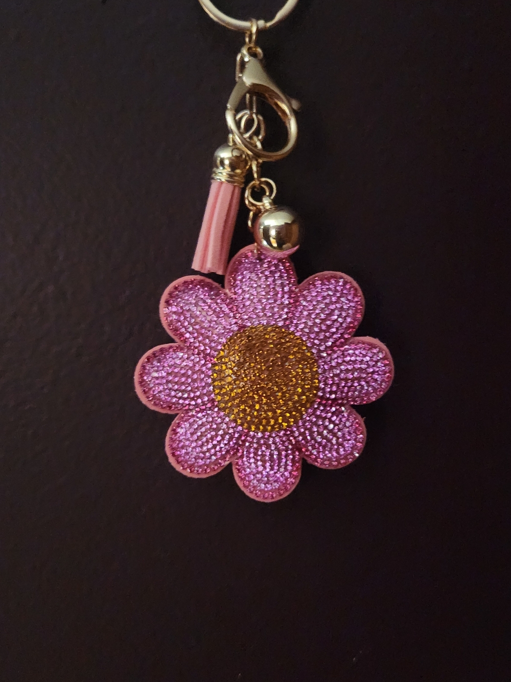Pink Flower Crystal Tassel Keychain Charm with Gold Accent